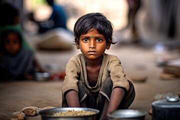 Hungry, starving, poor little child looking at the camera - obrazy, fototapety, plakaty