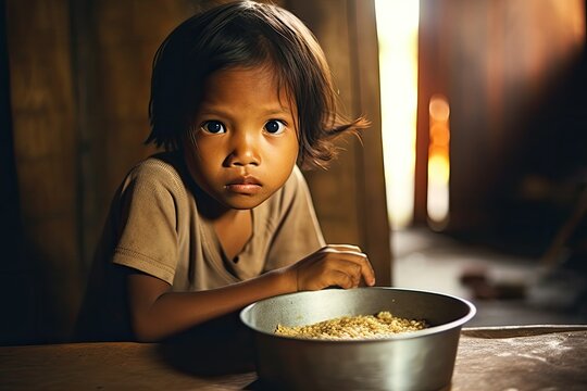 Hungry, starving, poor little child looking at the camera
