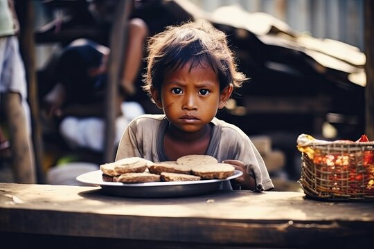 Hungry, starving, poor little child looking at the camera