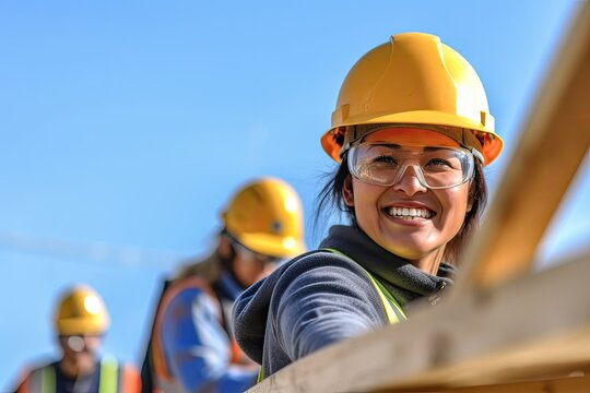 woman working on a construction site, construction hard hat and work vest, smiling, middle aged or older