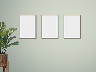 Green paint wall with blank frame mockups with house plant decor
