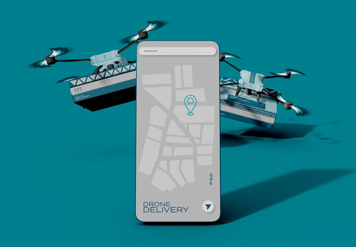 Delivery Drone and Smartphone App Mockup
