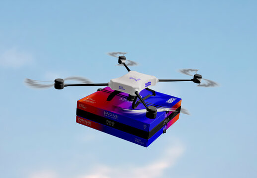 Flying Delivery Drone with Box Mockup