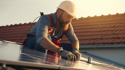 Solar engineers are installing solar panels on the roof