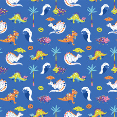 Dinosaurs seamless pattern with palm trees and sea waves