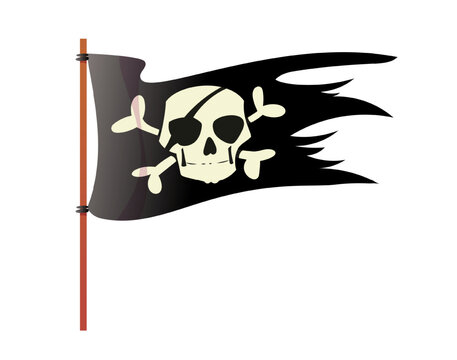 Pirate color icon. Black torn flag with bones, skull and skeleton. Nautical ship element with Jolly Roger symbol. Sticker for web and app. Cartoon flat vector illustration isolated on white background