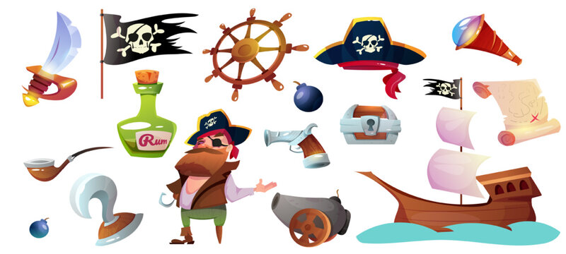 Colored pirate set. Icons with character sea robber, captain hat with skull and bones, flag, rum, ship, saber, treasure map and chest. Cartoon flat vector collection isolated on white background