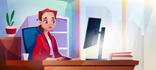 Woman worksing in office. Employee in coworking place with large window. Character sits at workplace with computer. Girl develops business project on working space. Cartoon flat vector illustration