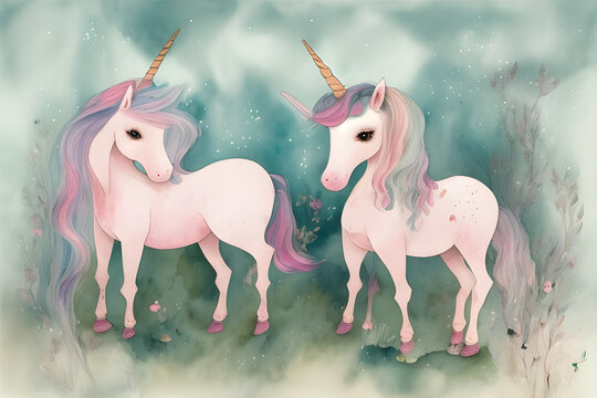 Magic Unicorn, Pegasus and Pony. Watercolor illustration. Concept of painting technique isolated on white background in canvas. watercolour illustration made with Generative AI