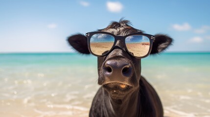 A black cow with glasses on the beach generative ai