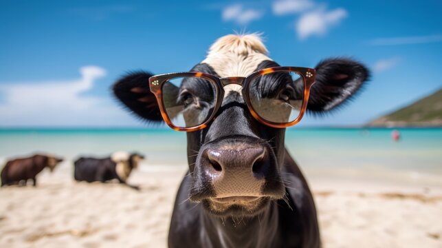 A black cow with glasses on the beach generative ai
