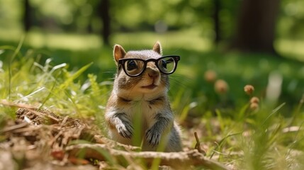 A squirrel with glasses in the forest generative ai
