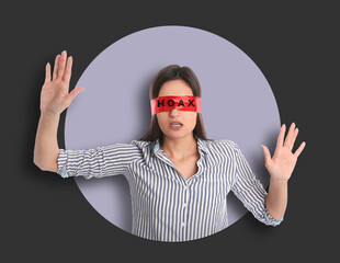 Lost in lies. Woman wearing red blindfold with word Hoax on color background