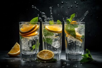 Fototapeta na wymiar Summer healthy lemonade, cocktails of citrus infused water or mojitos. AI generated, human enhanced