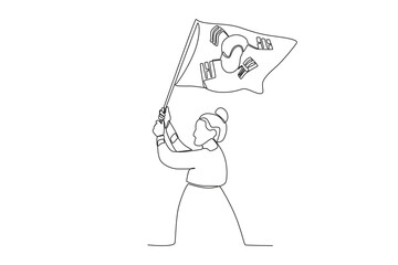 A woman holding a flag with both hands. National liberation day of Korea one-line drawing