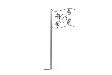A Korean flag flutters on a pole. National liberation day of Korea one-line drawing