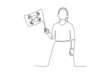 A woman wearing a skirt holds a Korean flag. National liberation day of Korea one-line drawing