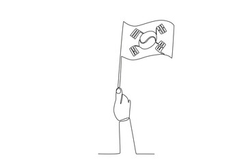 A hand-held high the Korean flag. National liberation day of Korea one-line drawing