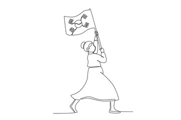 A woman walking while carrying a Korean flag. National liberation day of Korea one-line drawing