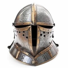 Beautiful decorated medieval plate helmet isolated on white background. Generative AI illustration.
