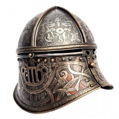 Beautiful decorated medieval plate helmet isolated on white background. Generative AI illustration.
