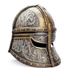 Beautiful decorated medieval plate helmet isolated on white background. Generative AI illustration.