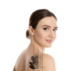 Design with photo of woman on white background during tattoo removal process
