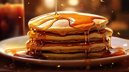 Tower of pancakes with honey on a breakfast table generative ai - obrazy, fototapety, plakaty