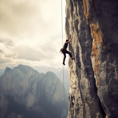 Rock climber, climbing up a huge mountain.  Meeting goals.  Overcoming obstacles. 