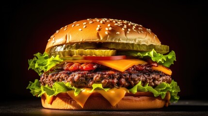 Gourmet burger on a black background generative ai