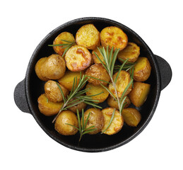 Delicious baked potatoes with rosemary isolated on white, top view