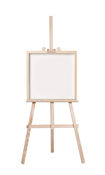 Wooden easel with blank canvas on white background. Mockup for design