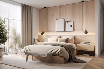 Interior of modern bedroom with wooden walls, carpet on the floor, king size bed and two posters. Scandinavian style. created with Generative AI