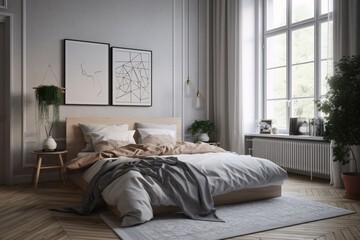 Modern bedroom interior design. Scandinavian style. created with Generative AI
