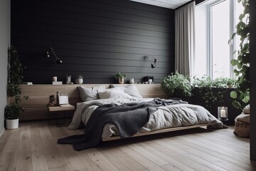 Interior of a luxury bedroom with black walls, wooden floor and big bed.  Scandinavian style. created with Generative AI