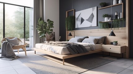 Interior of modern bedroom with grey walls, tiled floor, comfortable king size bed with wooden bedside tables. Scandinavian style. created with Generative AI