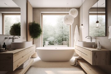 Interior of modern bathroom with beige walls, concrete floor, white bathtub and double sink. Scandinavian style. created with Generative AI