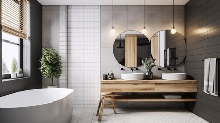 Interior of modern bathroom with gray tile walls, wooden floor, white bathtub, round mirror and sink. Scandinavian style. created with Generative AI