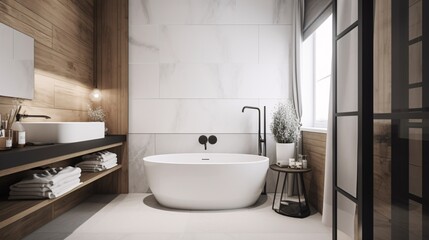 Fototapeta na wymiar Interior of modern bathroom with white and wooden walls, tiled floor, white bathtub and round mirror. Scandinavian style. created with Generative AI
