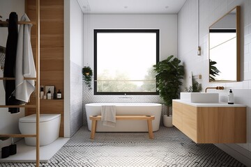 Fototapeta na wymiar Interior of modern bathroom with white walls, tiled floor, white bathtub near the window. Scandinavian style. created with Generative AI