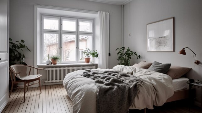 Interior of a modern bedroom with a large bed and a window. Scandinavian style. created with Generative AI