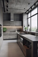 Black modern kitchen in a loft with a concrete wall. Industrial, concrete or loft Style. created with Generative AI