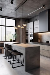 Interior of modern kitchen with gray and wooden walls, concrete floor, gray countertops and bar with stools. Industrial, concrete or loft Style. created with Generative AI
