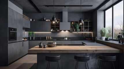 Black modern kitchen in a loft with a beautiful design. Industrial, concrete or loft Style. created with Generative AI
