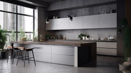 Modern kitchen with concrete floor and gray countertops. Industrial, concrete or loft Style. created with Generative AI