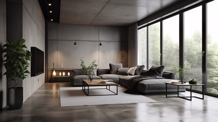 Interior of modern living room with grey walls, concrete floor, gray sofa and coffee table. Industrial, concrete or loft Style. created with Generative AI
