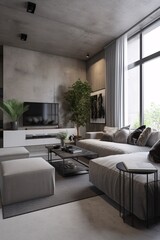Interior of modern living room with gray walls, concrete floor, comfortable sofa and coffee table. Industrial, concrete or loft Style. created with Generative AI