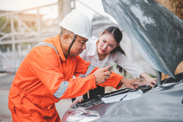 male insurance officer came to help inspect a customer's car that had an accident. Concept for vehicle crash, insurance claim.