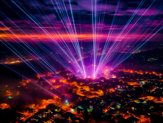 Fototapeta na wymiar Lasershow über einer Stadt, Ki generated