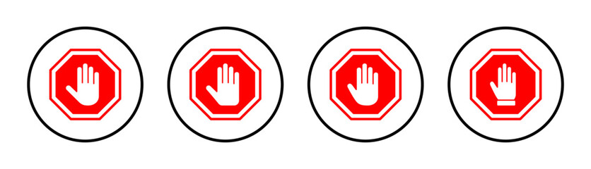 Obraz premium Stop icon set illustration. stop road sign. hand stop sign and symbol. Do not enter stop red sign with hand